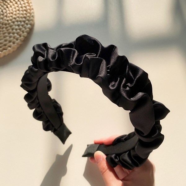 Satin-hårbånd med knude til kvinder (sort) Satin-rynket hårbånd, sorte hårbånd, damemode hårbånd til ansigtsrensning, makeup