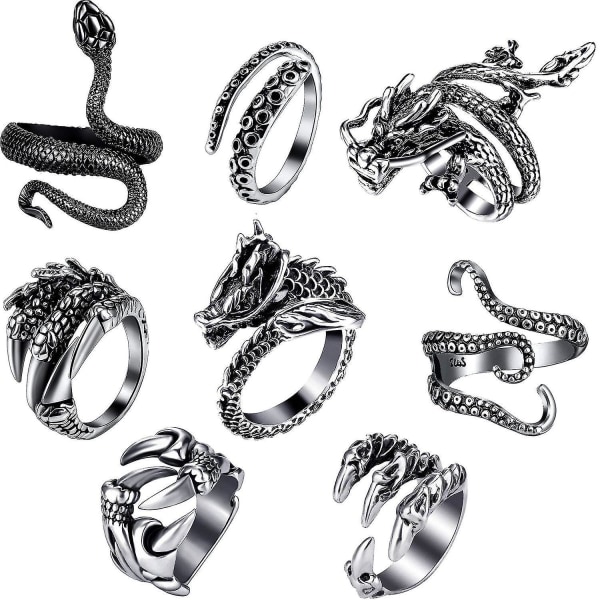 8 stk. Vintage Punk Ringe Octopus Dragon Slange Justerbar Ring -tt