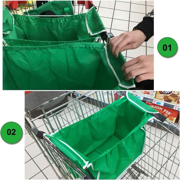 Sammenleggbare gjenbrukbare handleposer 2-pakning med vognklemmer, vanntette vaskbare handlenett for supermarked piknik camping, grønn