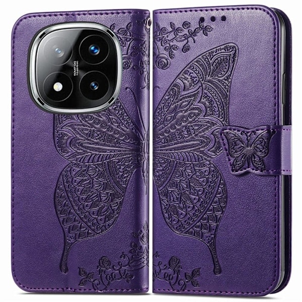 Xiaomi Redmi Note 14 Pro 5G Fodral Läder Fjäril Tryck Mörk Lila