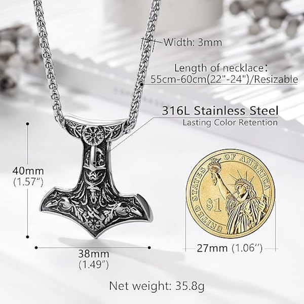 Charm Vedhæng Thor Hammer Mjølner Hammer, Nordisk Vikingeøkse med Spigkæde, Rustfrit Stål