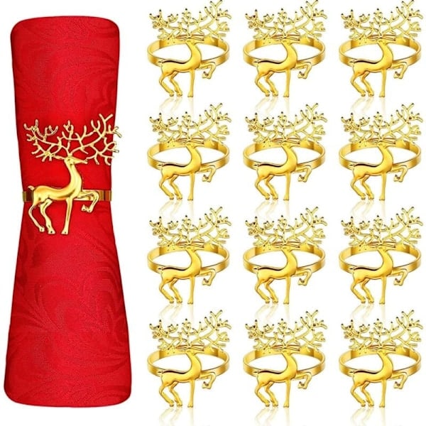 12 stk. juleservietringe, 5,5 cm guld serviet holder elg hjorte serviet spænde til julefrokost Thanksgiving fest ferie