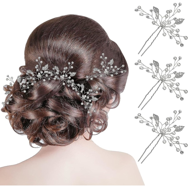 8 stk brud brudepiker perle hårnåler brud blad blomst hårnåler rhinestone brudepike hårstykker bryllup hårtilbehør for kvinner (sølv)