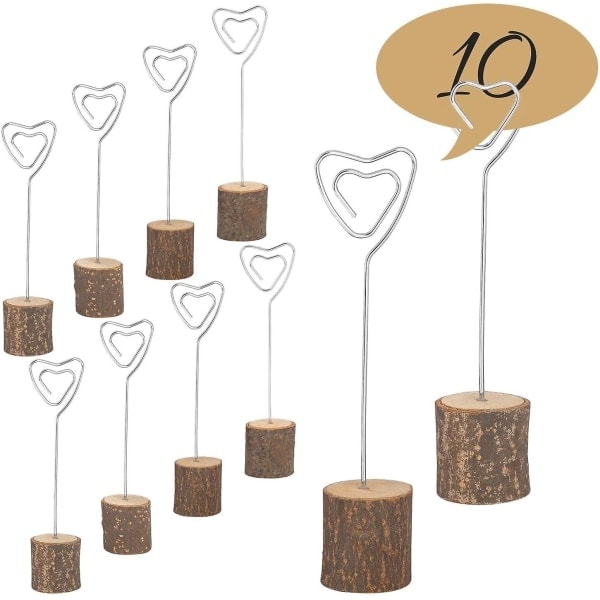 10 stk. bordkortholdere med fotoholder i tre, fotostøtte, memokort, hjerteklemme, nummerholder, bordmenyer, buffégjestenavnelapper for bryllup, fødselsd...