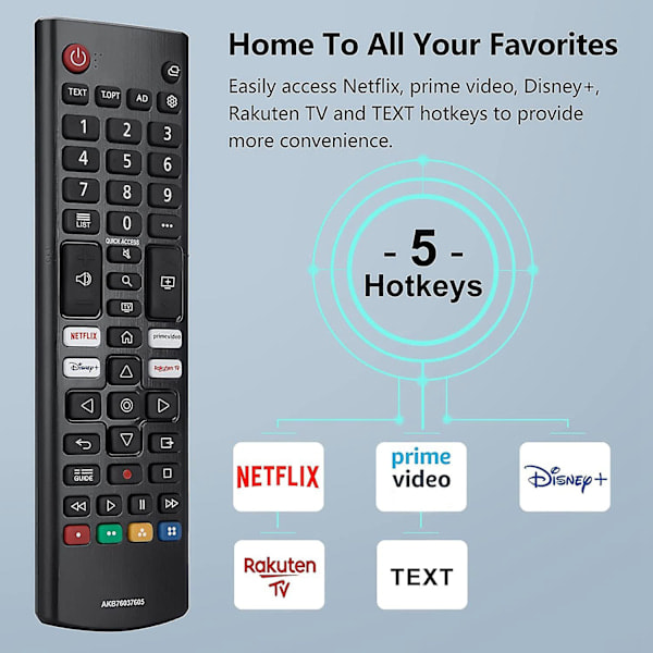 TV-fjärrkontroll för LG AKB76037605, förbättrad infraröd LG TV-fjärrkontroll, med Prime Video, Rakuten TV [DB]