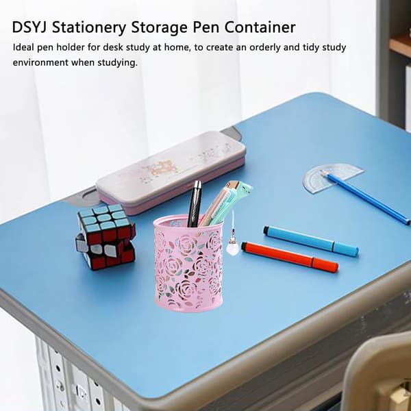 Cylindrical Pink Pen Holder with Hollow Rose Pattern