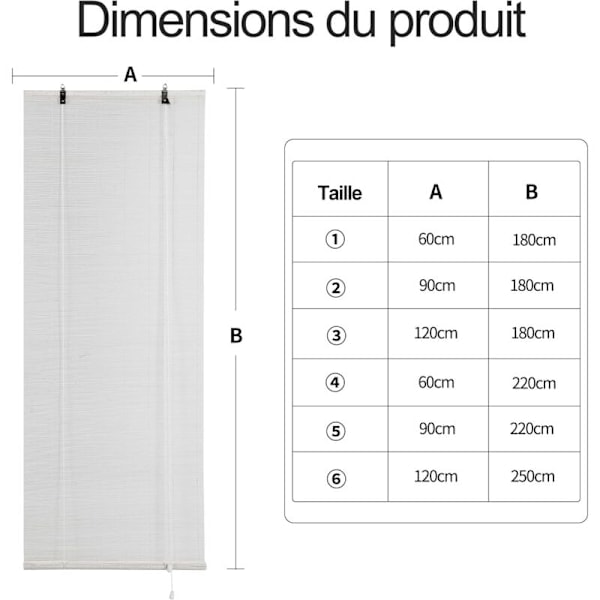 Mørkleggingsgardin, bambusgardin for innendørs bruk, solskjerming, innsynsbeskyttelse, sidebetjent rullegardin for vinduer og dører, 60x180CM