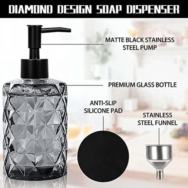 Versatile Glass Soap Dispenser, Lotion and Soap Pump Set, 2-pack 355ml Diamond Design for Versatile Use, Refillable & Eco-Friendly