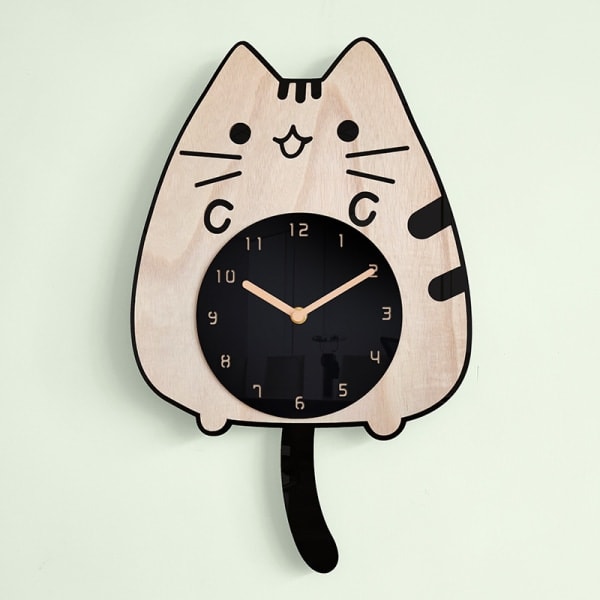 Cat Clocks with Swinging Tail and Eyes Wooden Cartoon Clock Creative Silent Swinging Wall Clock with Cat Wagging Tail
