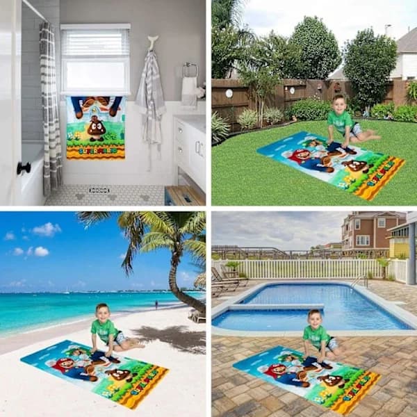 Super Mario Børn Bomuld Terry Badehåndklæde Blødt Absorberende Pool Badehåndklæde til Drenge Piger 147 x 71 cm