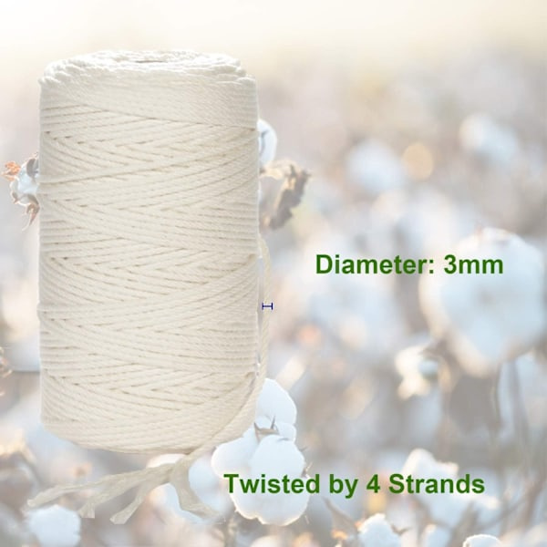 Makramégarn 3mm x 220m (ca 200m) Mjukt Obehandlat 100% Naturligt Bomullsrep för Växtväggbonader, Beige-Perfekt
