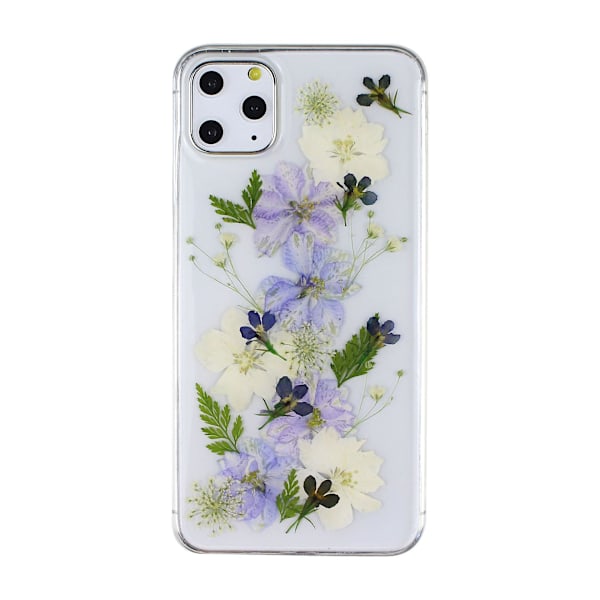 Blomsteretui, klart blødt TPU fleksibelt gummi presset tørre ægte blomster etui blåt hvidt blomster etui til iPhone 13 pro max (Navy Flower)