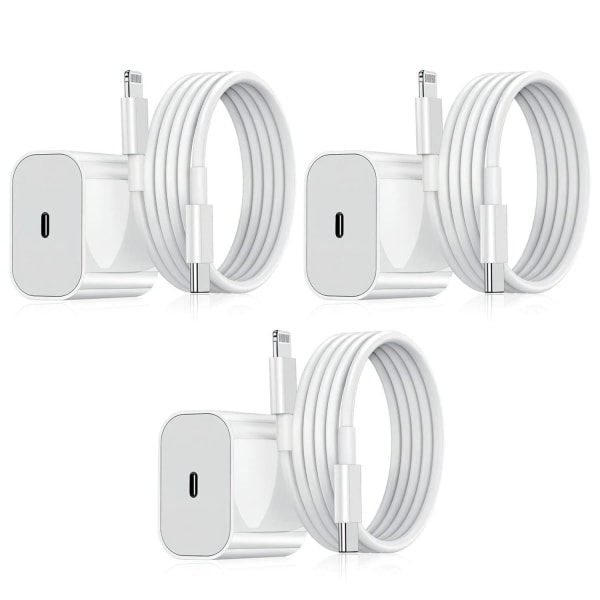 Lader - Hurtiglader - Adapter + Kabel 20W USB-C 2m Kabel Hvit 3-pakning
