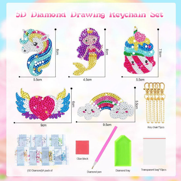 Diamantmålning Nyckelring för Barn, 5D Diamantmålning Bilder för Barn, Diamantmålning, Enhörningspresenter för Flickor, DIY Hantverkspresenter 6 7 8 9 10 Å...