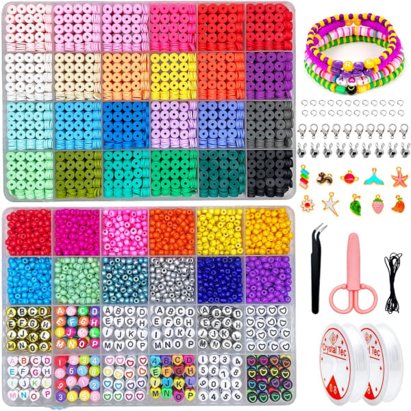 7655 stk. Lerperler til armbånd - 4800 stk. 6 mm Flade perler i polymerler, 2000 stk. 4 mm Glasfrøperler, 720 stk. Bogstavperler