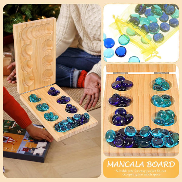 Mancala brädspel leksaksset: Roligt spel med träbräda, färgade glasstenar, förvaringsväska, lövträ, hopfällbart spelbräde för hela familjen