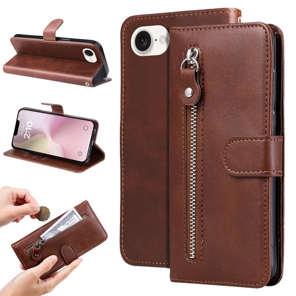 iPhone 16e Classic Zipper Wallet Case - Brown Brun brown