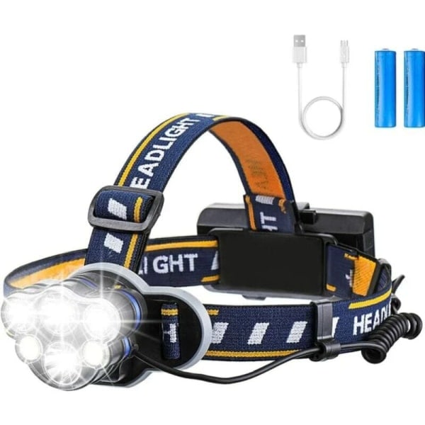 Supertehokas otsalamppu, ladattava LED-lamppu 6 LEDillä 12000LM 8 valotilalla ja USB-kaapelilla