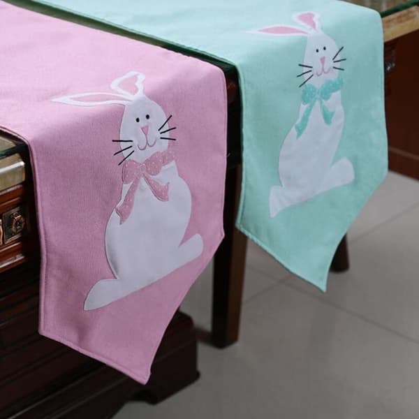 Easter Bunny Table Runner, Spring Flowers Easter Holiday Kitchen Table Runner for Home Party Decoration, Blue