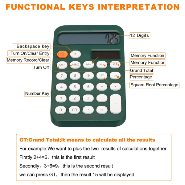 Työpöytälaskin, 12-numeroinen suuri LCD-näyttö, vakiotoiminnot, kannettava söpö laskuri kotitoimistoon, Vihreä
