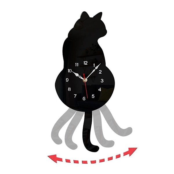 Svart kattpendel väggklocka, kattklocka, kattklocka med rörlig svans, kattgunga, fantasifull rolig vägg