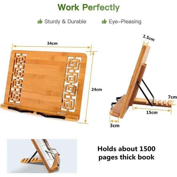 Bambusbogstøtte, bogholder med 2 metalliske sideholdere, foldbar og justerbar støtte, til iPad/tablet/kogebøger/skrivebordsdokumentholder (udhulet...