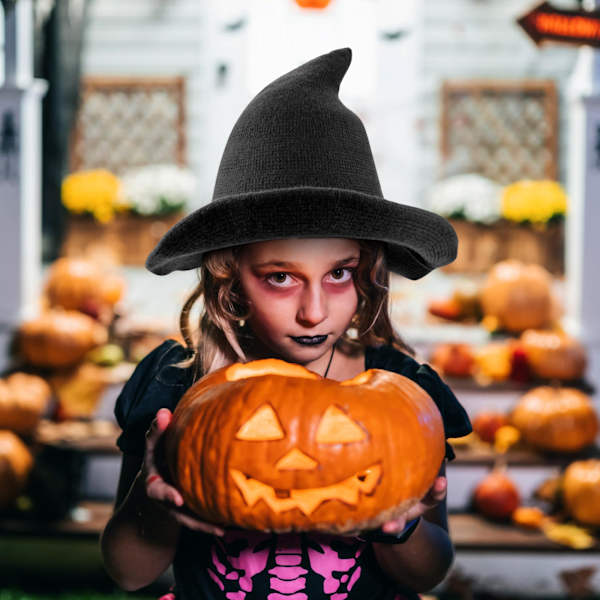Halloween-noittakorkki, naisten leveälierinen taitettava teräväkärkinen korkki, Halloween-puvustustarvikkeet. Noittakorkki villaa