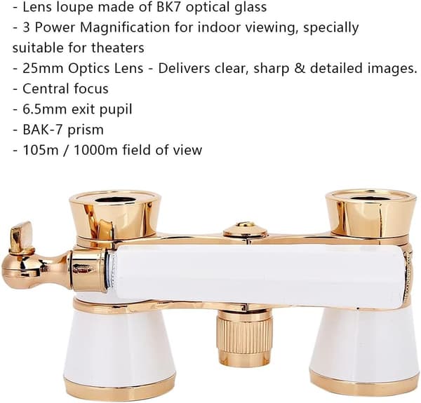 Operakikkert 3X25 med BK7 optiske glasslinser og sentralfokus, Teaterkikkert for kvinner, jenter og barn, hvit