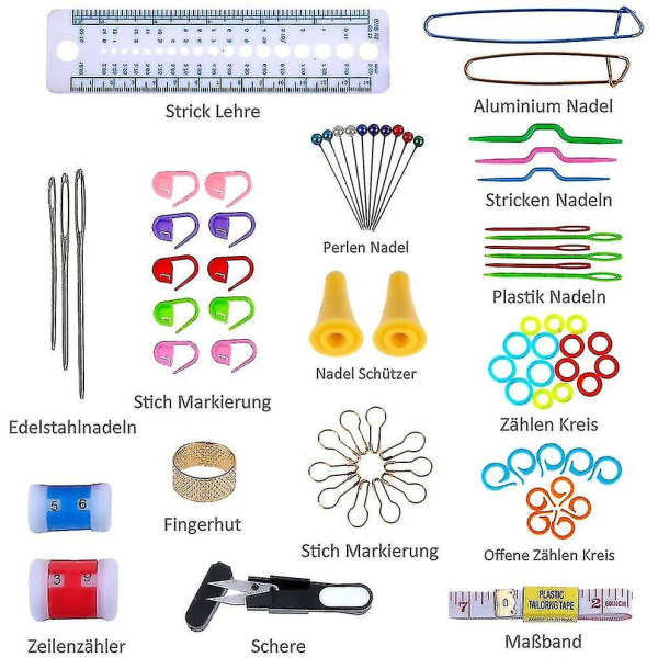Virkattu setti, jossa 100 kpl neulontatarvikkeita