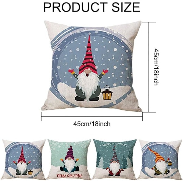 Juleputetrekk 45x45cm Sett med 4 Juledekorasjoner Svensk Gnome Tomte Dekorative Putetrekk for Sofa Juledekorasjon