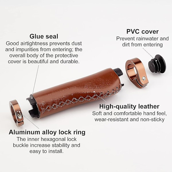 Brune sykkelhåndtak i skinn, ergonomisk design, sklisikker mikrofiber med dobbel lås i aluminiumlegering, for terrengsykkel