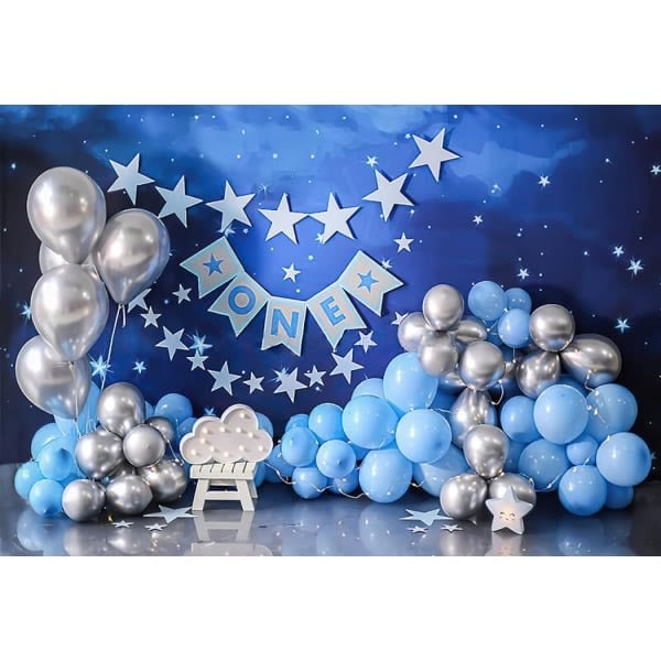 Blå himmel blinkande stjärnor ballonger pojkar 1-årsdag fest Ett år gammal tårta Smash Dekor Bakgrund för hemmafest Banner Fotostudio, 7x5ft