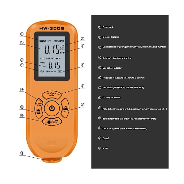 Digitaalinen pinnoitteen paksuusmittari 0,01 mm/1 mil Paksuusmittari ja pystysuora näyttö Lcd-näyttö Kalibrointi