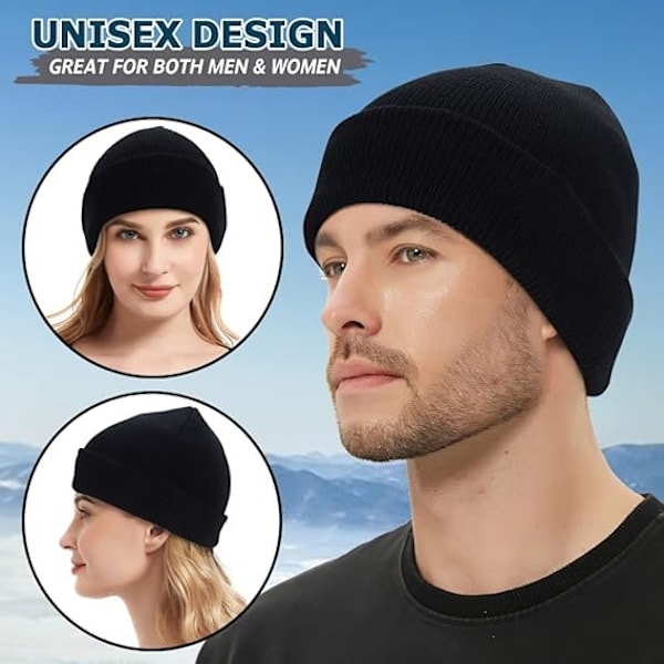 2-pakks unisex klassisk lue med oppbrett, elastisk myk tykk varm vinterlue