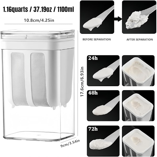 1100 ml kapasitet yoghurt sil/separator for greske yoghurtmaskiner, brukes til myse separasjon.