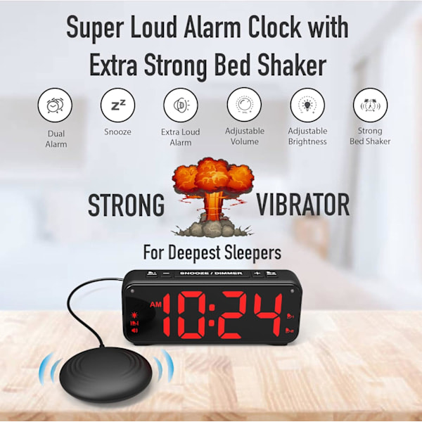 A5 Supervibrerande väckarklocka + superhög väckarklocka, lämplig för djupsömnare/döva/hörselskadade, extra stor display Vit