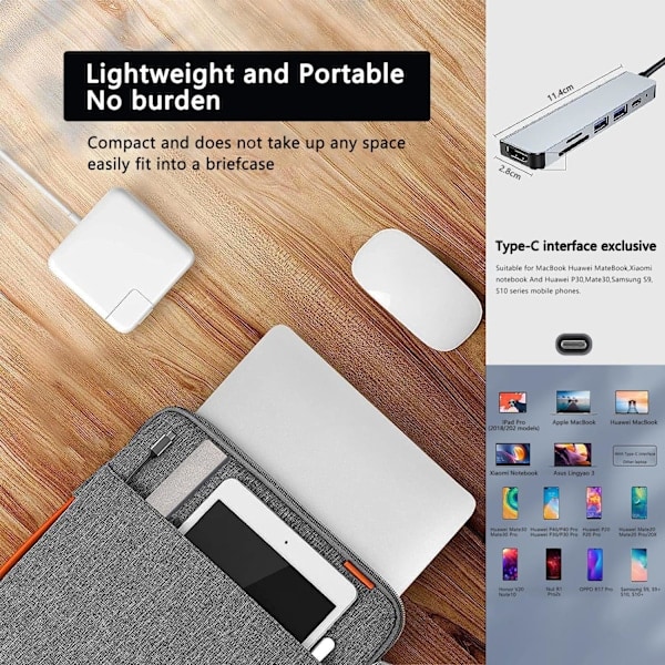 Multiport USB C-adapter til MacBook Pro, 6-i-1 USB C til HDMI-hub. (4K HDMI USB3.0 USB2.0 SD/TF-kortlæser 87W PD)