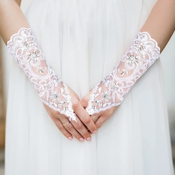 Retro Stil Elfenbensfärgade Spetshandskar för Bröllop Blomma Brud Strass[CO]
