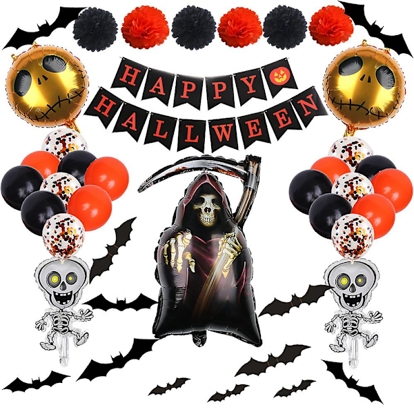 Halloween-festdekorationer, 29 delar Grim Reaper Skull Balloon Set med Halloween Bloody Hands Stickers, Horror Birthday Halloween Dekorationer för Vuxna Fest