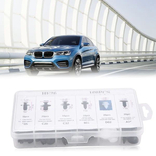 100 stk. 6 størrelser diverse bilkarosseri trykstift Nitte trim clips panel trykholder [CO]