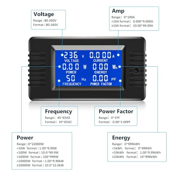 LCD Digital Amperemeter Voltmeter AC 80-260V 100A, 6-i-1 Strømmåler[CO]