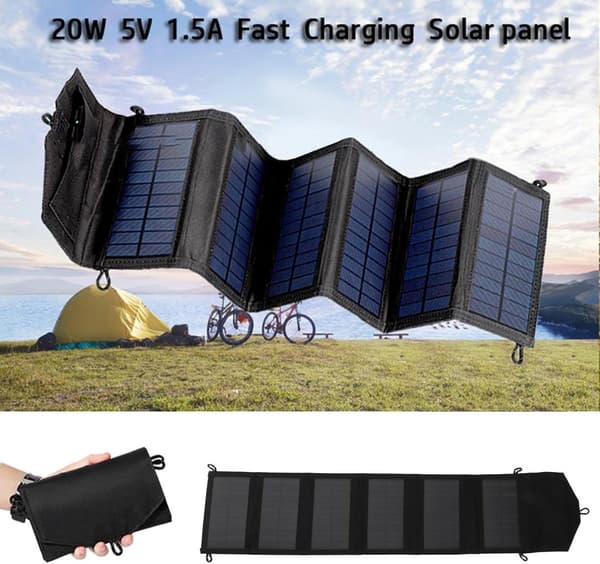 Bærbar solcellelader, 20W utgang, 5.2V 2A, 2 USB, sammenleggbar, IP65, svart