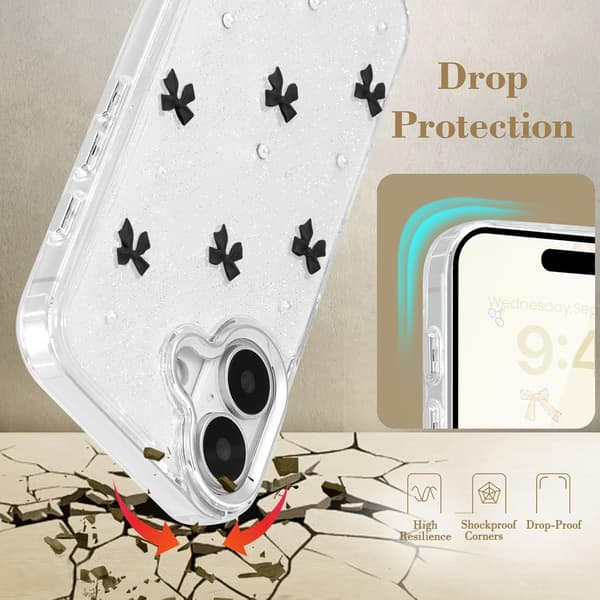 Case for iPhone 16 Plus, Bling Glitter 3D Bow Phone Case Cute Sparkly Crystal Clear Bow Slim Soft Durable Protective Cover Black Black iPhone 16 Plus