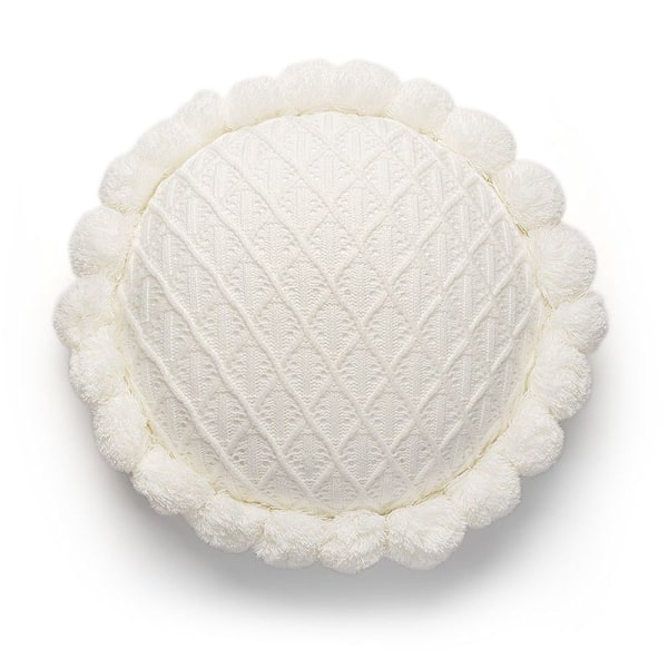 Knitted Throw Pillow Round Couch Pillow Sofa Cute Cushion Handmade Pompoms Decorative Plush Pillow (Beige)