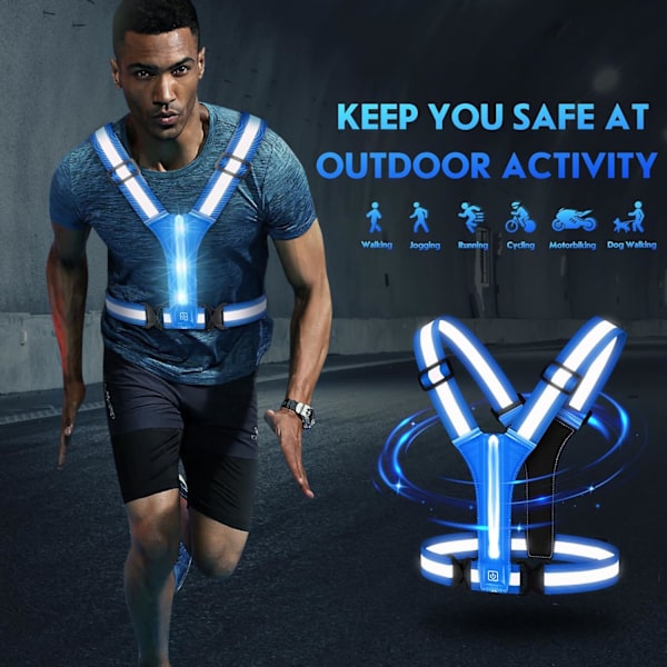 LED Reflective Vest, USB Rechargeable, Adjustable Waist/Shoulder -