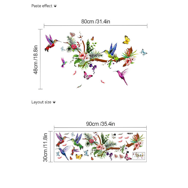 Kolibrier Väggdekaler Skala och Klistra Fåglar Vinyl Väggdekaler Fjäril Blommor Färgglada Väggdekaler Kolibri