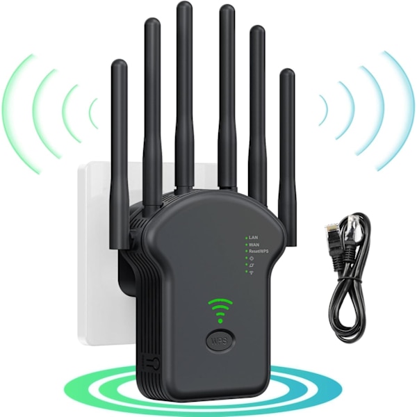 WiFi Extender 1200 Mbps with 6 Antennas for Wider Coverage, Easy Setup WiFi Repeater, Includes Ethernet Cable, Black