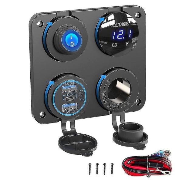 Båt RV 12v laddare uttag panel, 4 i 1 DC ström 12v uttag panel multi USB snabbladdare med Tog