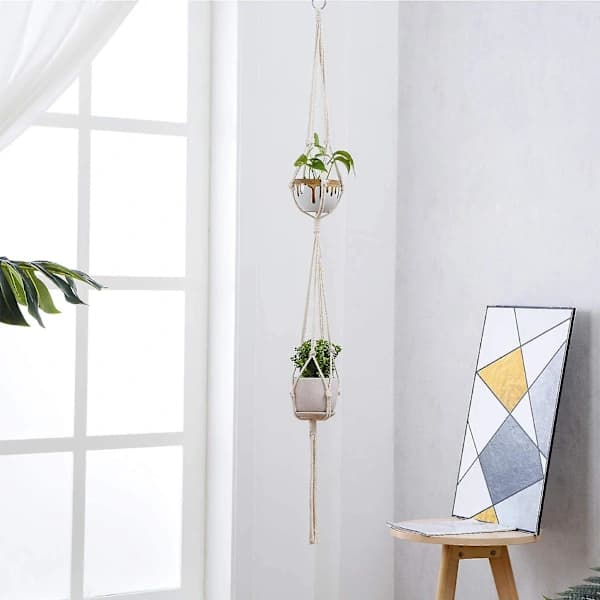 5-pack makrameväxthängare, handvävda bomullsrep Boho blomkrukshållare för inomhus utomhus balkong tak vägg, beige