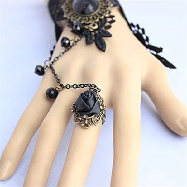 Gotisk Blomstret Blonde Steampunk Armbånd Ring Perlebesatte Handsker[co]